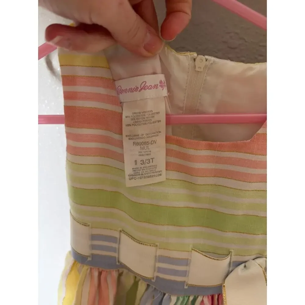 Bonnie Jean Girls Pastel Rainbow Stripe Sleeveless Dress with Bow size 3/3t